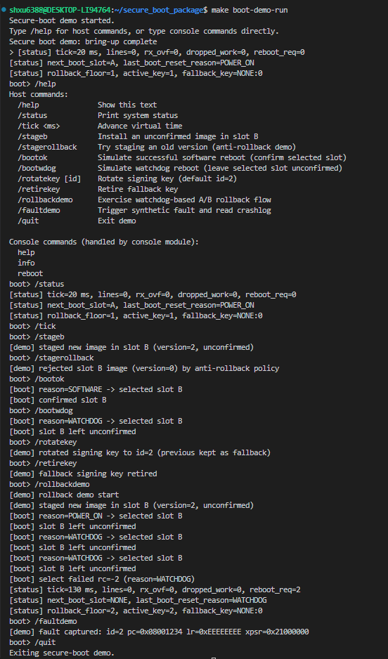 Host demo output (pass/fail + rollback + key rotation)