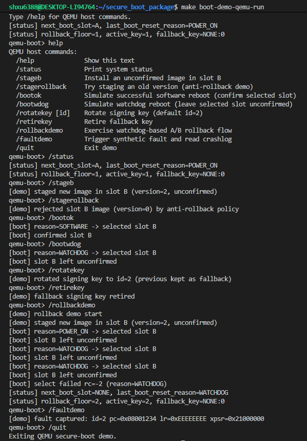QEMU demo output (embedded-style artifacts + policies)